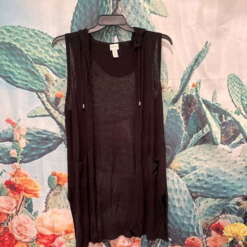CHICO’s linen blend vest 
Size 2 ( women’s size 12)
Black sheer 
hooded 
pockets